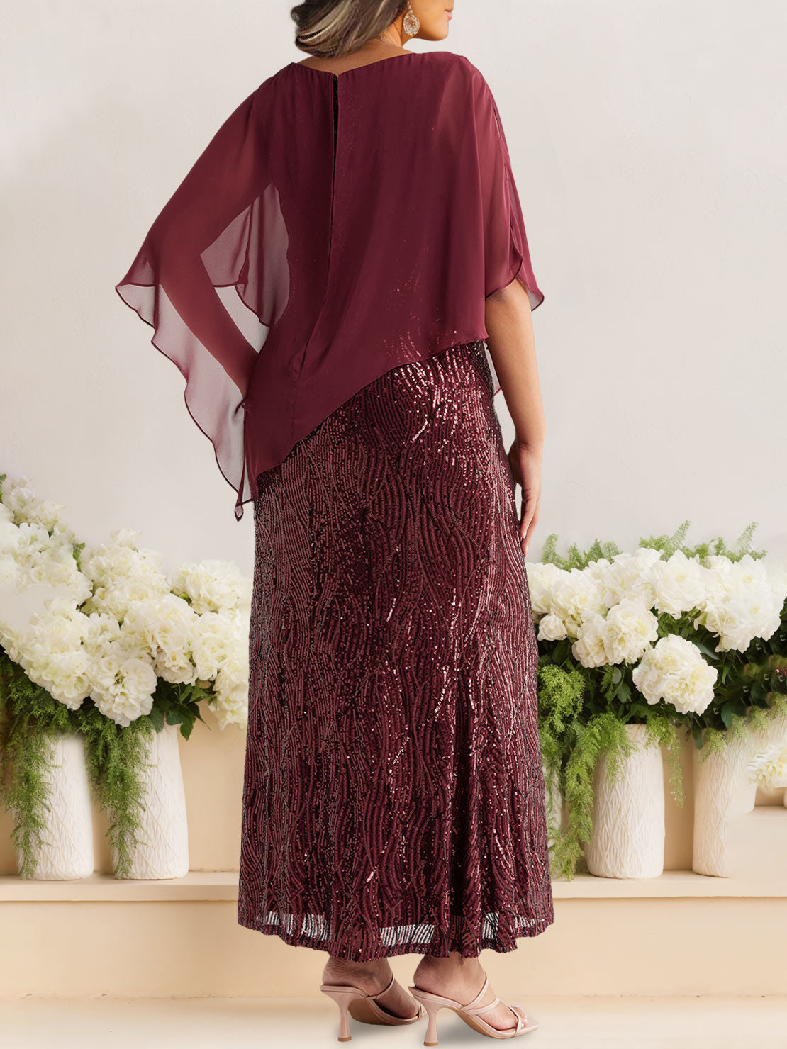 A Line Princess Scoop Half Sleeves Ankle Length Sequined Plus Size Mother Of E Bride Dresses With Wrap