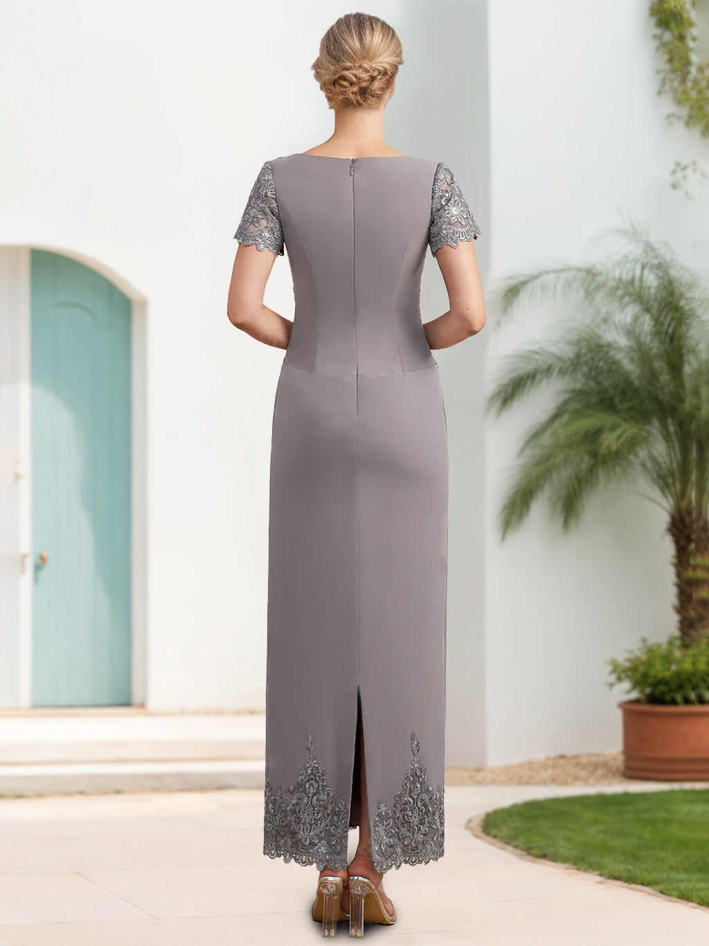 Sheath Column Scoop Neck Short Sleeves Ankle Length Mother Of The Bride Dresses With Appliques