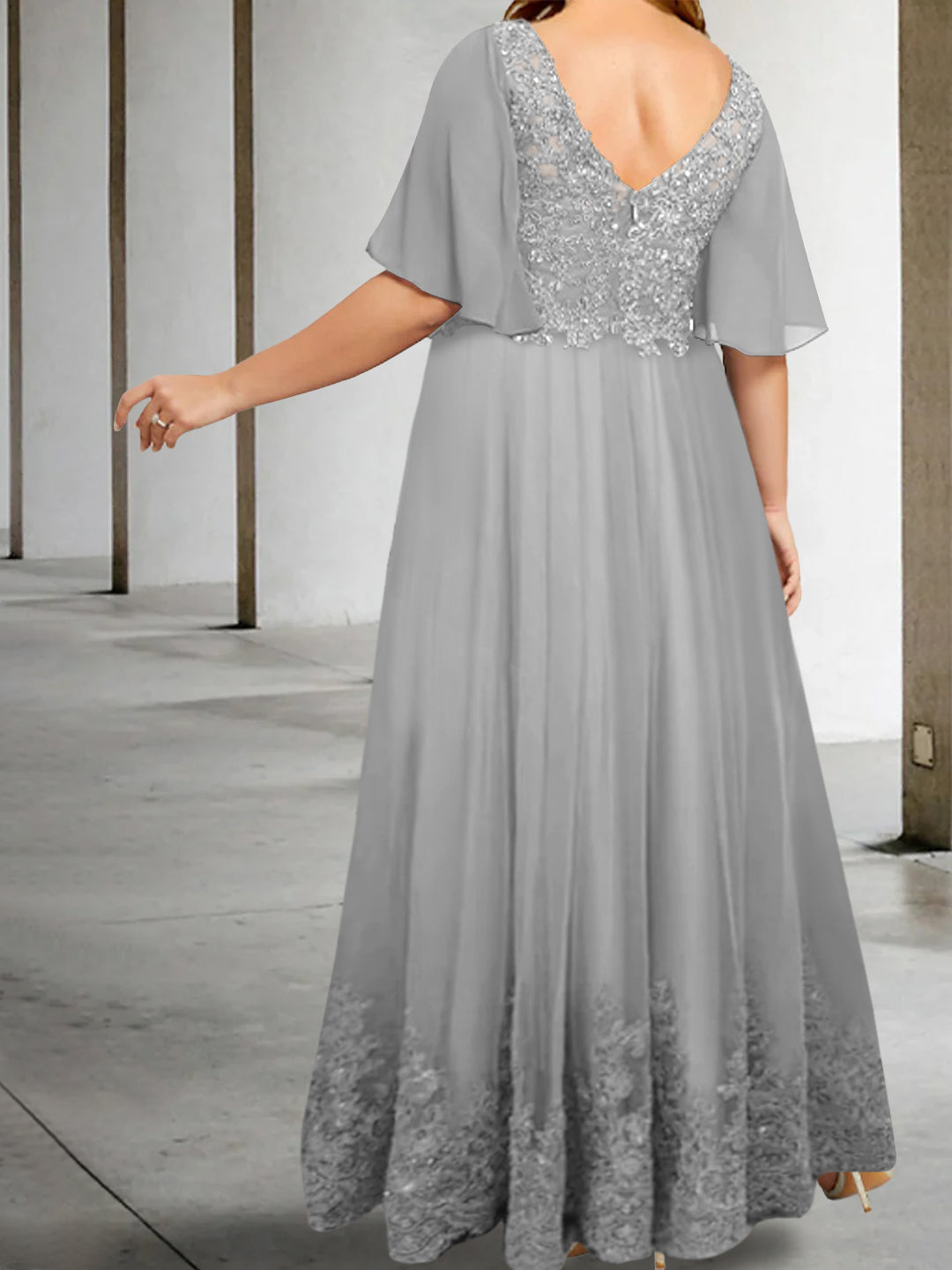 A Line Princess V Neck Half Sleeves Floor Length Plus Size Mother Of The Bride Dresses With Appliques