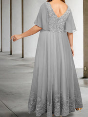 A Line Princess V Neck Half Sleeves Floor Length Plus Size Mother Of The Bride Dresses With Appliques