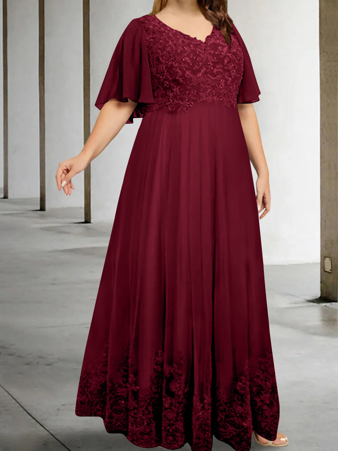 A Line Princess V Neck Half Sleeves Floor Length Plus Size Mother Of The Bride Dresses With Appliques