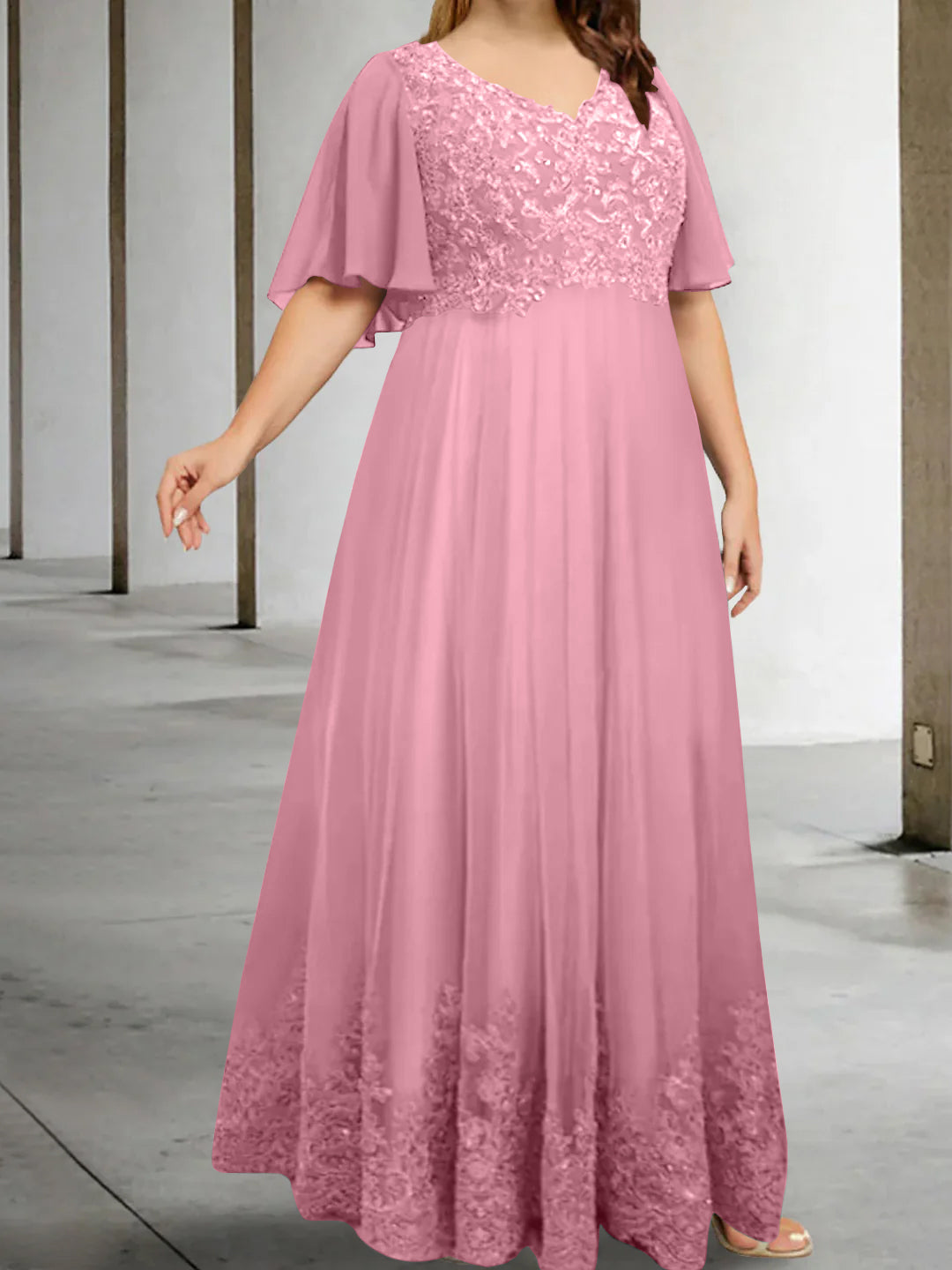 A Line Princess V Neck Half Sleeves Floor Length Plus Size Mother Of The Bride Dresses With Appliques
