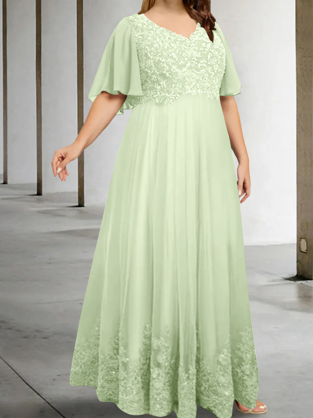 A Line Princess V Neck Half Sleeves Floor Length Plus Size Mother Of The Bride Dresses With Appliques