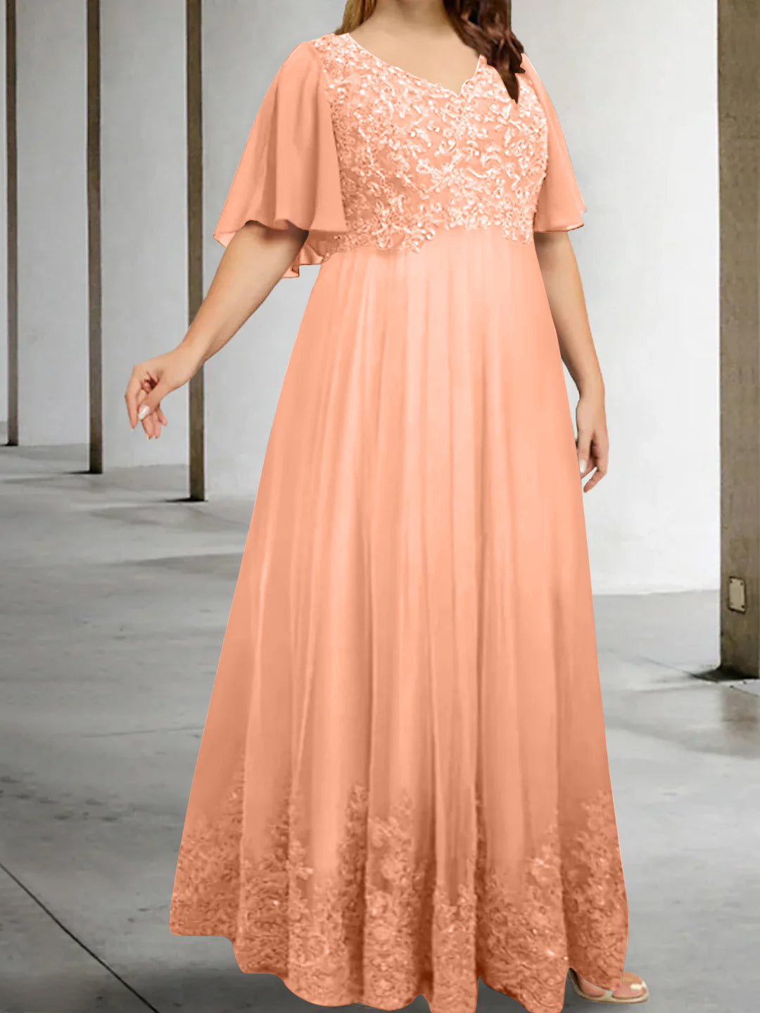 A Line Princess V Neck Half Sleeves Floor Length Plus Size Mother Of The Bride Dresses With Appliques