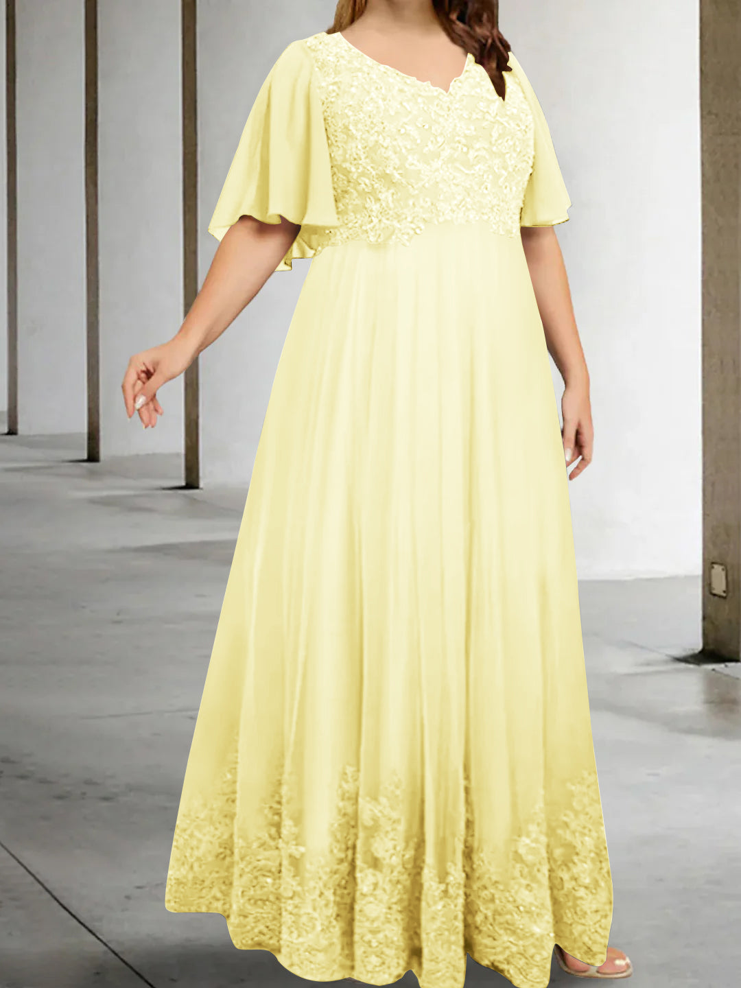 A Line Princess V Neck Half Sleeves Floor Length Plus Size Mother Of The Bride Dresses With Appliques
