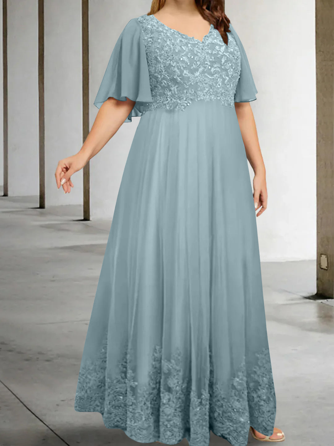 A Line Princess V Neck Half Sleeves Floor Length Plus Size Mother Of The Bride Dresses With Appliques