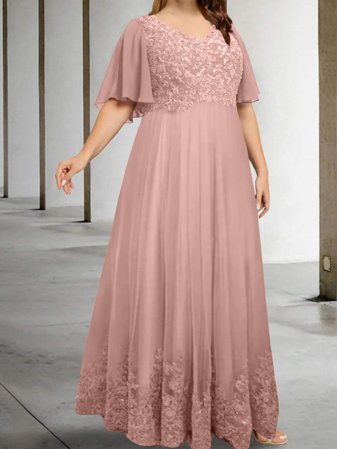 A Line Princess V Neck Half Sleeves Floor Length Plus Size Mother Of The Bride Dresses With Appliques