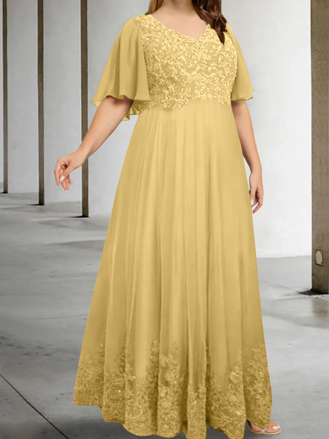 A Line Princess V Neck Half Sleeves Floor Length Plus Size Mother Of The Bride Dresses With Appliques