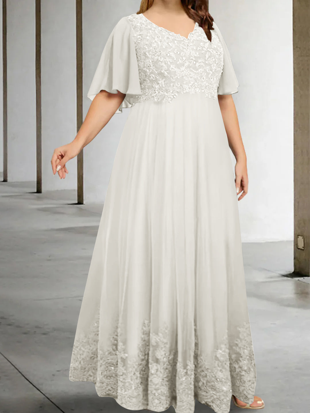 A Line Princess V Neck Half Sleeves Floor Length Plus Size Mother Of The Bride Dresses With Appliques