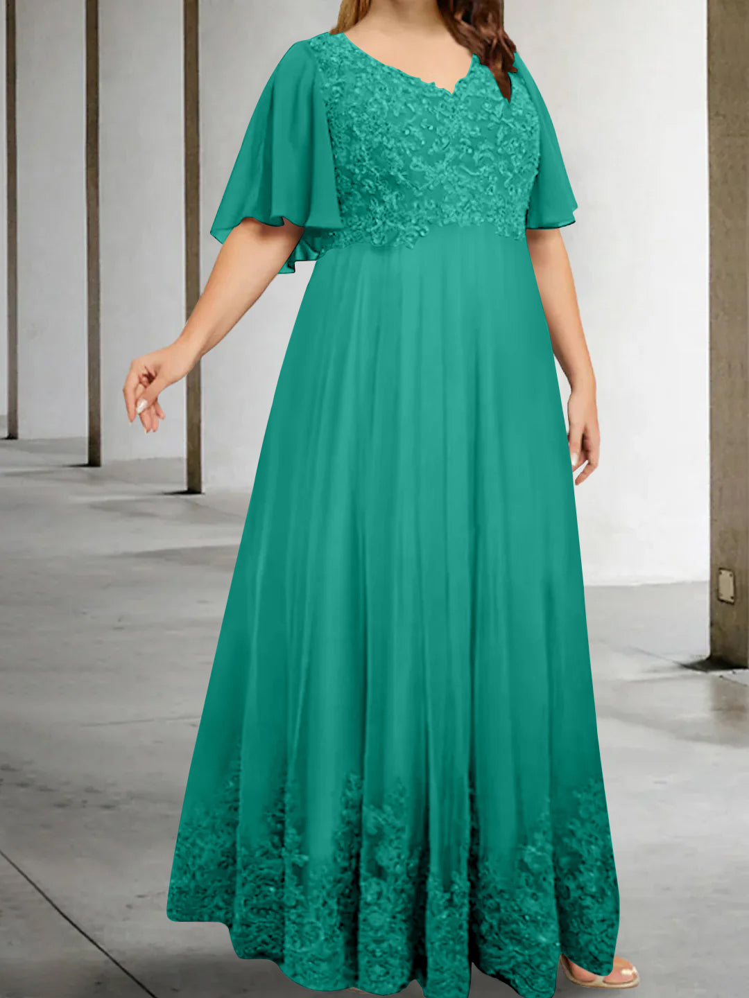 A Line Princess V Neck Half Sleeves Floor Length Plus Size Mother Of The Bride Dresses With Appliques