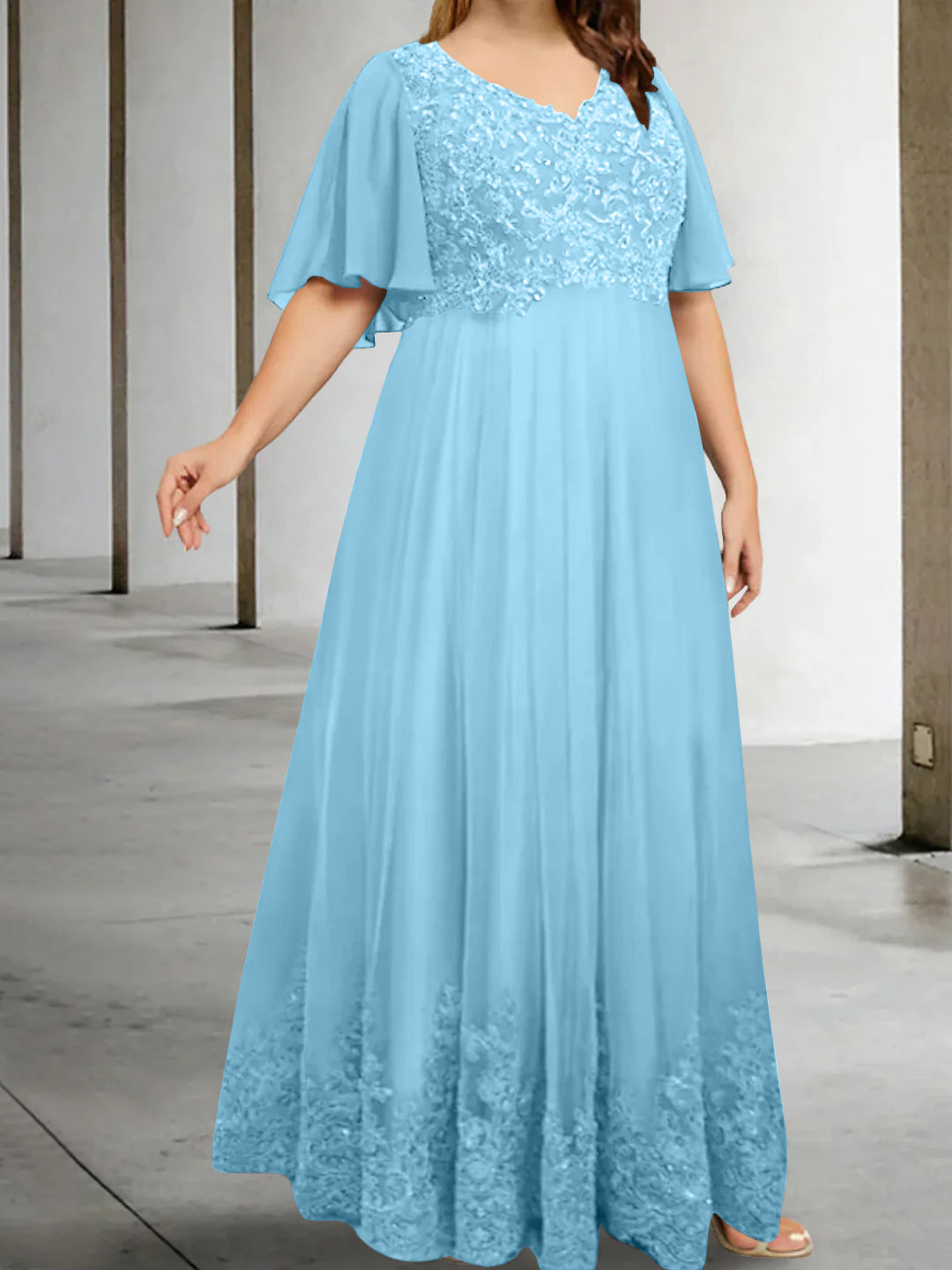 A Line Princess V Neck Half Sleeves Floor Length Plus Size Mother Of The Bride Dresses With Appliques
