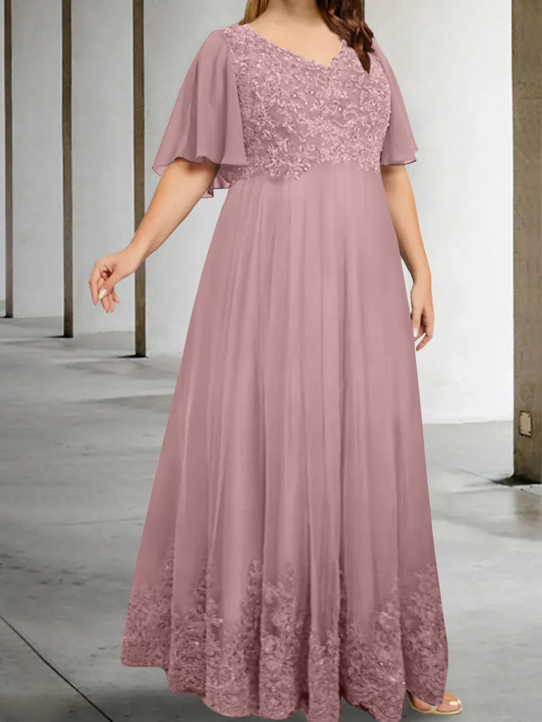 A Line Princess V Neck Half Sleeves Floor Length Plus Size Mother Of The Bride Dresses With Appliques