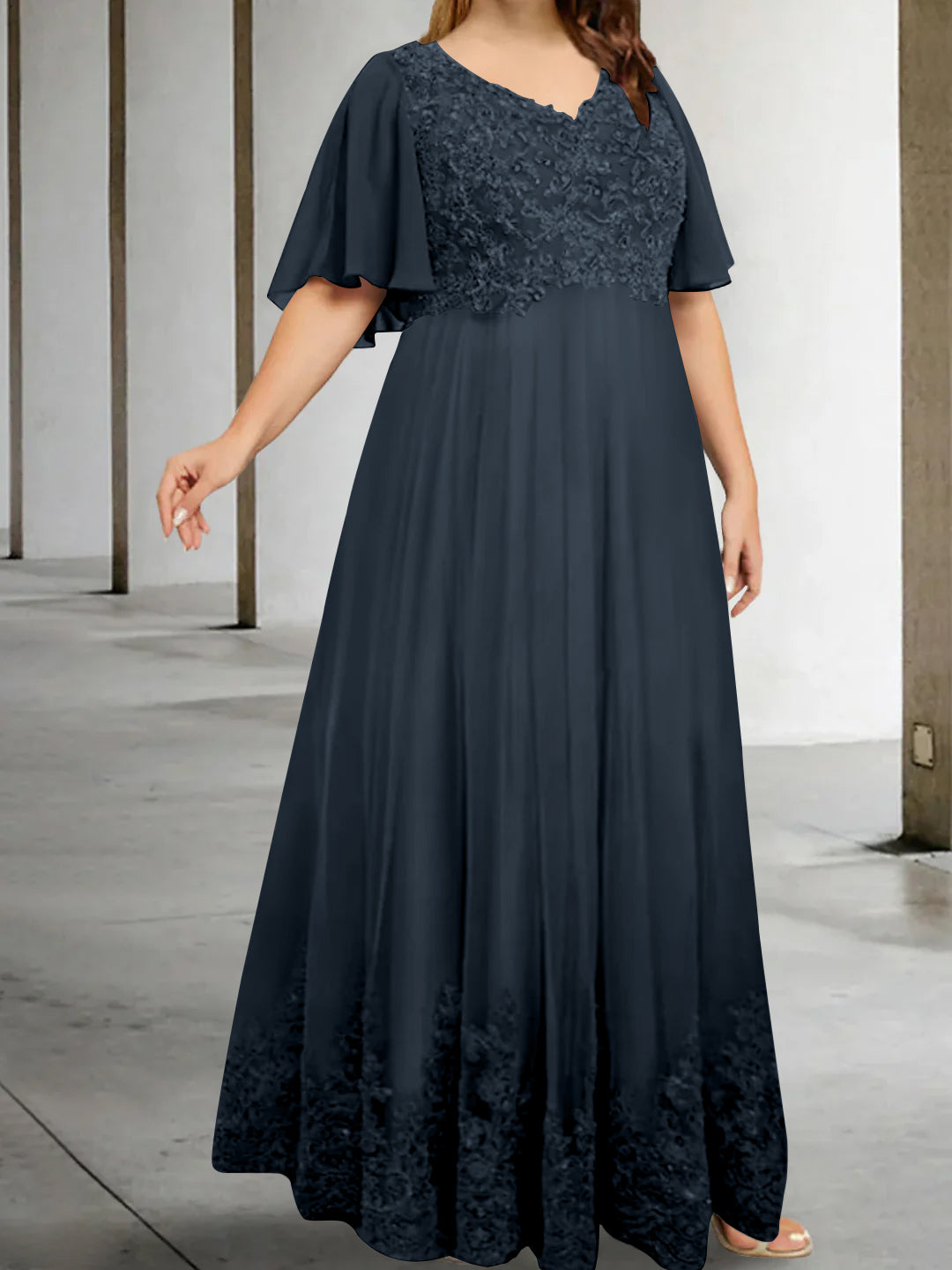 A Line Princess V Neck Half Sleeves Floor Length Plus Size Mother Of The Bride Dresses With Appliques