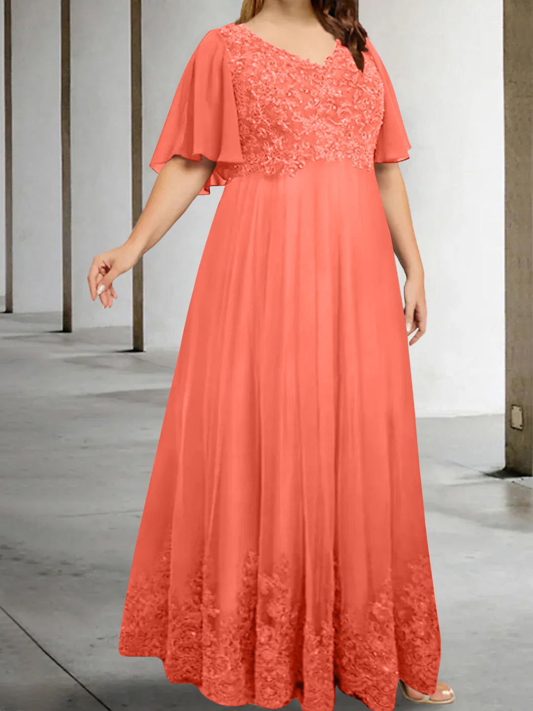 A Line Princess V Neck Half Sleeves Floor Length Plus Size Mother Of The Bride Dresses With Appliques