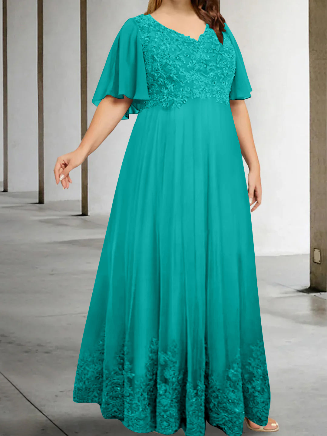 A Line Princess V Neck Half Sleeves Floor Length Plus Size Mother Of The Bride Dresses With Appliques