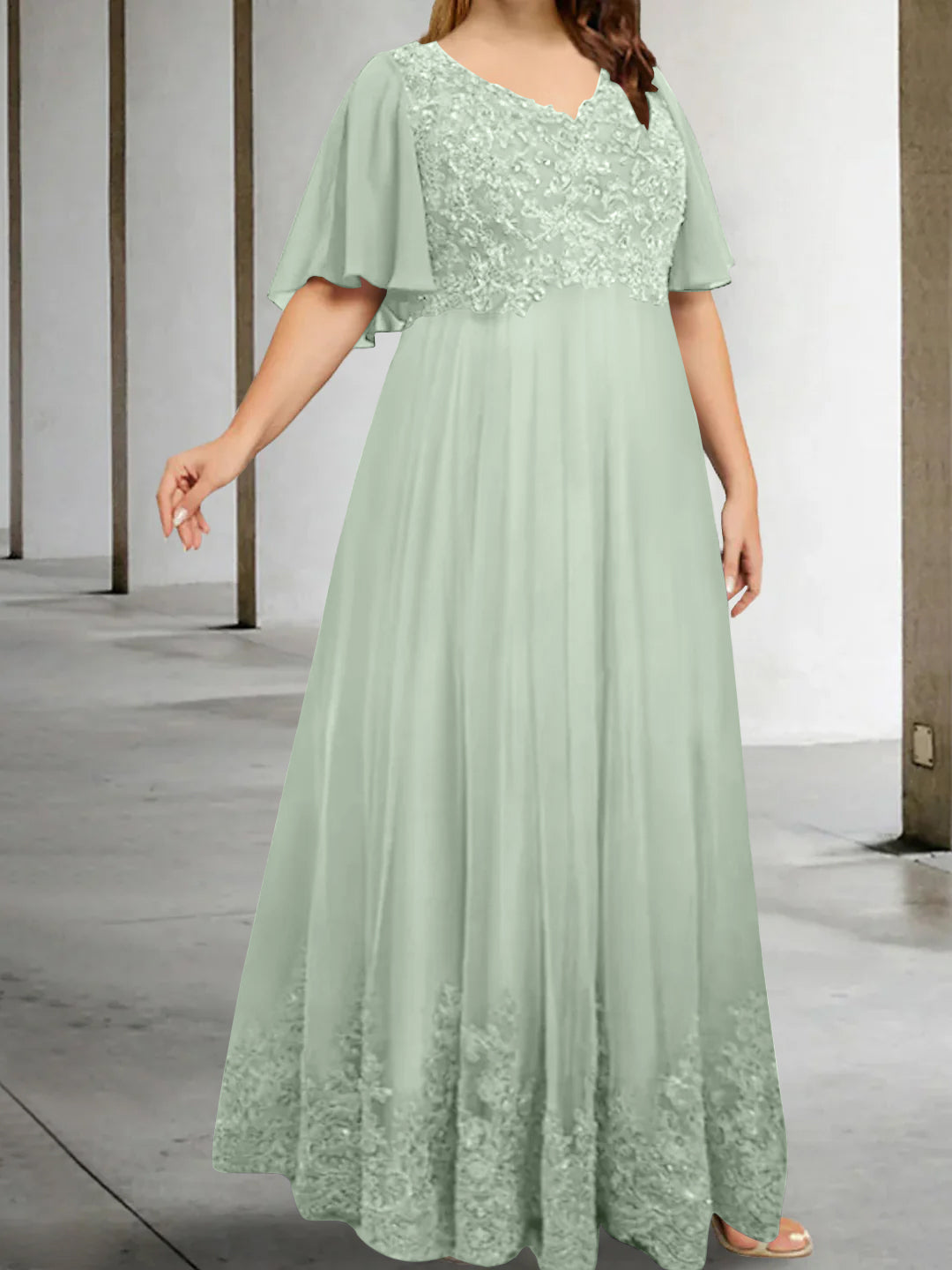 A Line Princess V Neck Half Sleeves Floor Length Plus Size Mother Of The Bride Dresses With Appliques