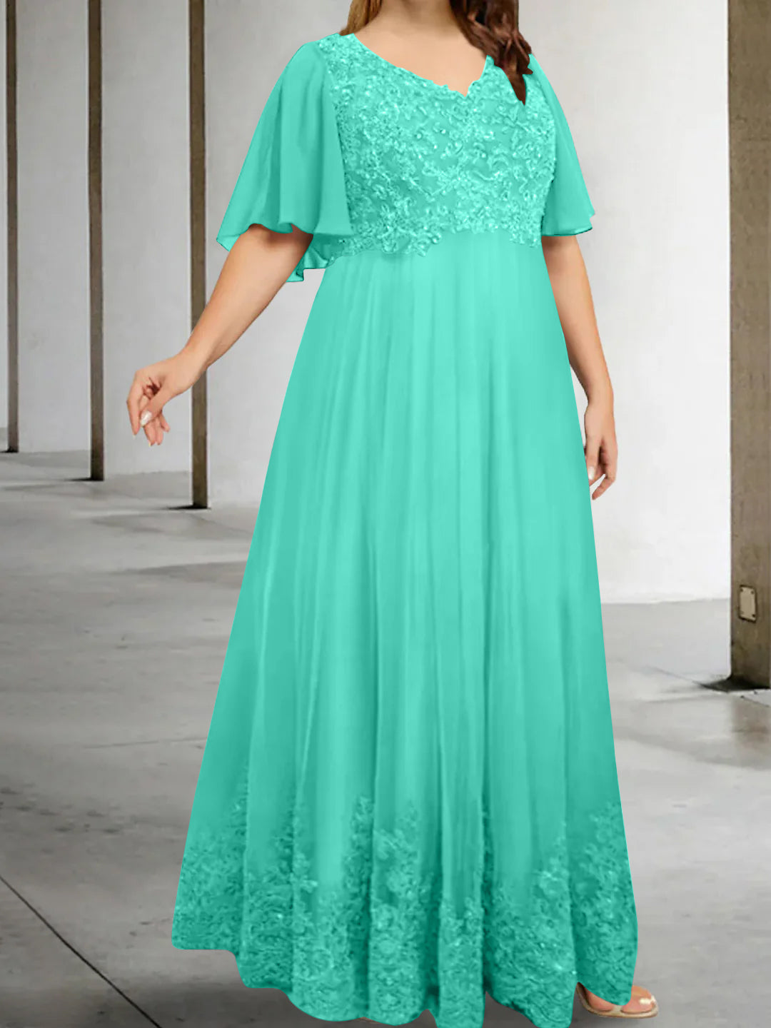 A Line Princess V Neck Half Sleeves Floor Length Plus Size Mother Of The Bride Dresses With Appliques