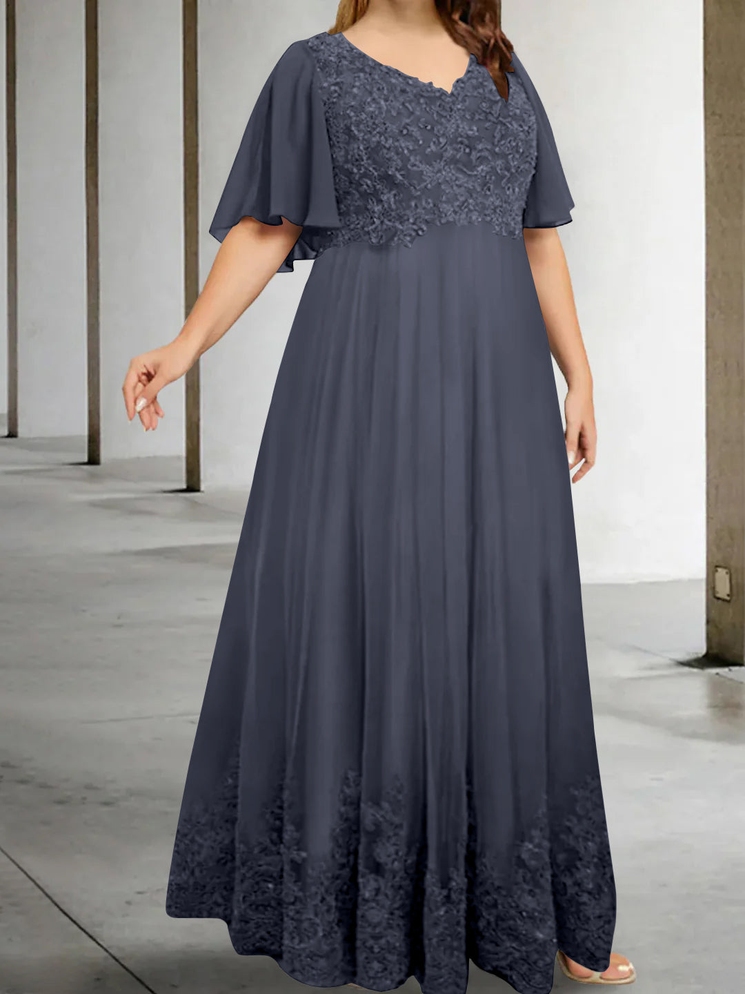 A Line Princess V Neck Half Sleeves Floor Length Plus Size Mother Of The Bride Dresses With Appliques