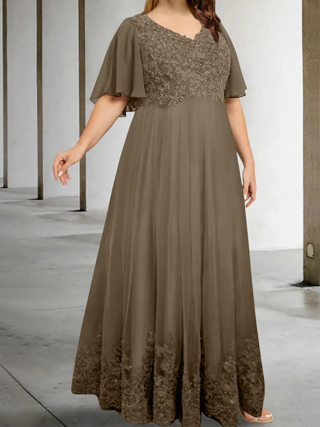 A Line Princess V Neck Half Sleeves Floor Length Plus Size Mother Of The Bride Dresses With Appliques