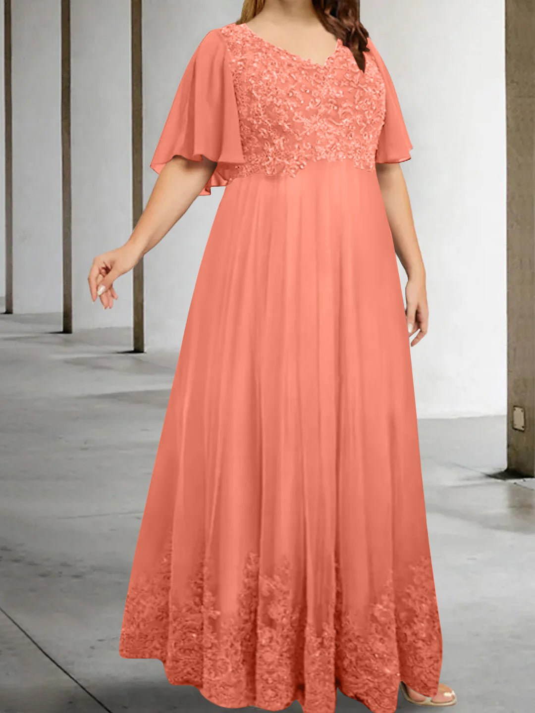A Line Princess V Neck Half Sleeves Floor Length Plus Size Mother Of The Bride Dresses With Appliques