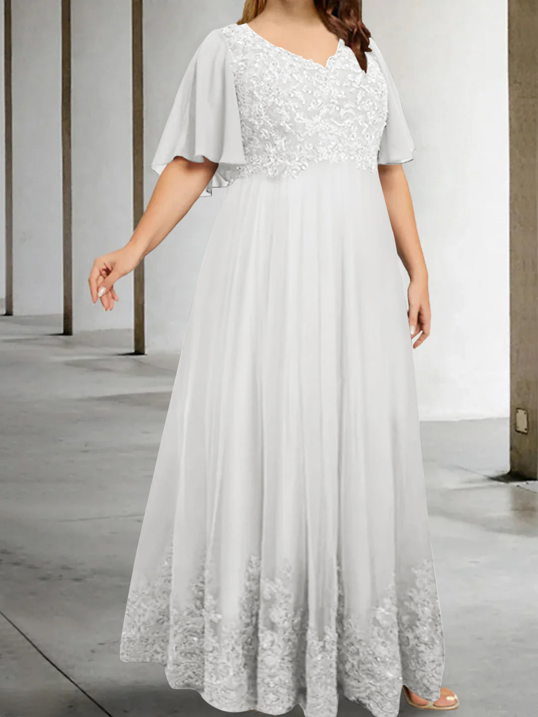 A Line Princess V Neck Half Sleeves Floor Length Plus Size Mother Of The Bride Dresses With Appliques