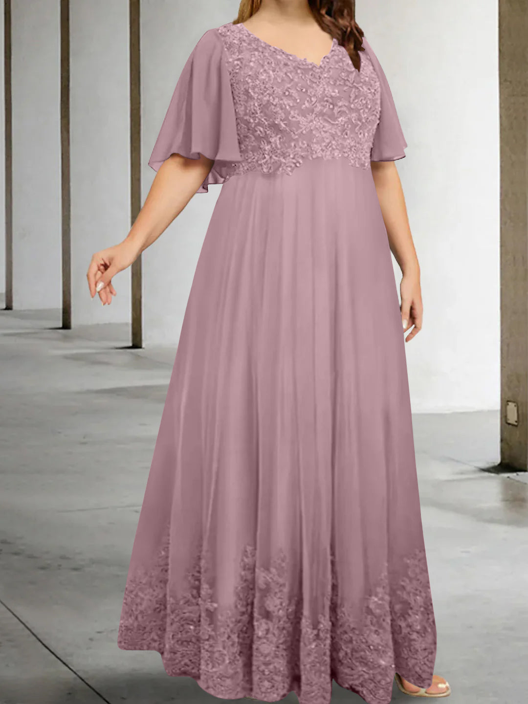 A Line Princess V Neck Half Sleeves Floor Length Plus Size Mother Of The Bride Dresses With Appliques