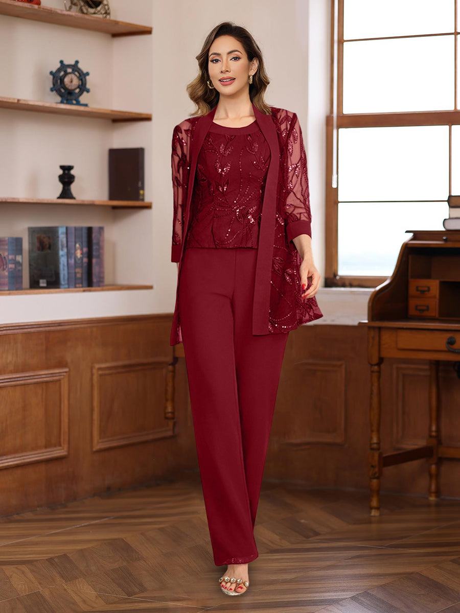 3 Pieces Chiffon Round Neck Floor Length Mother Of The Bride Pantsuits With Sequins