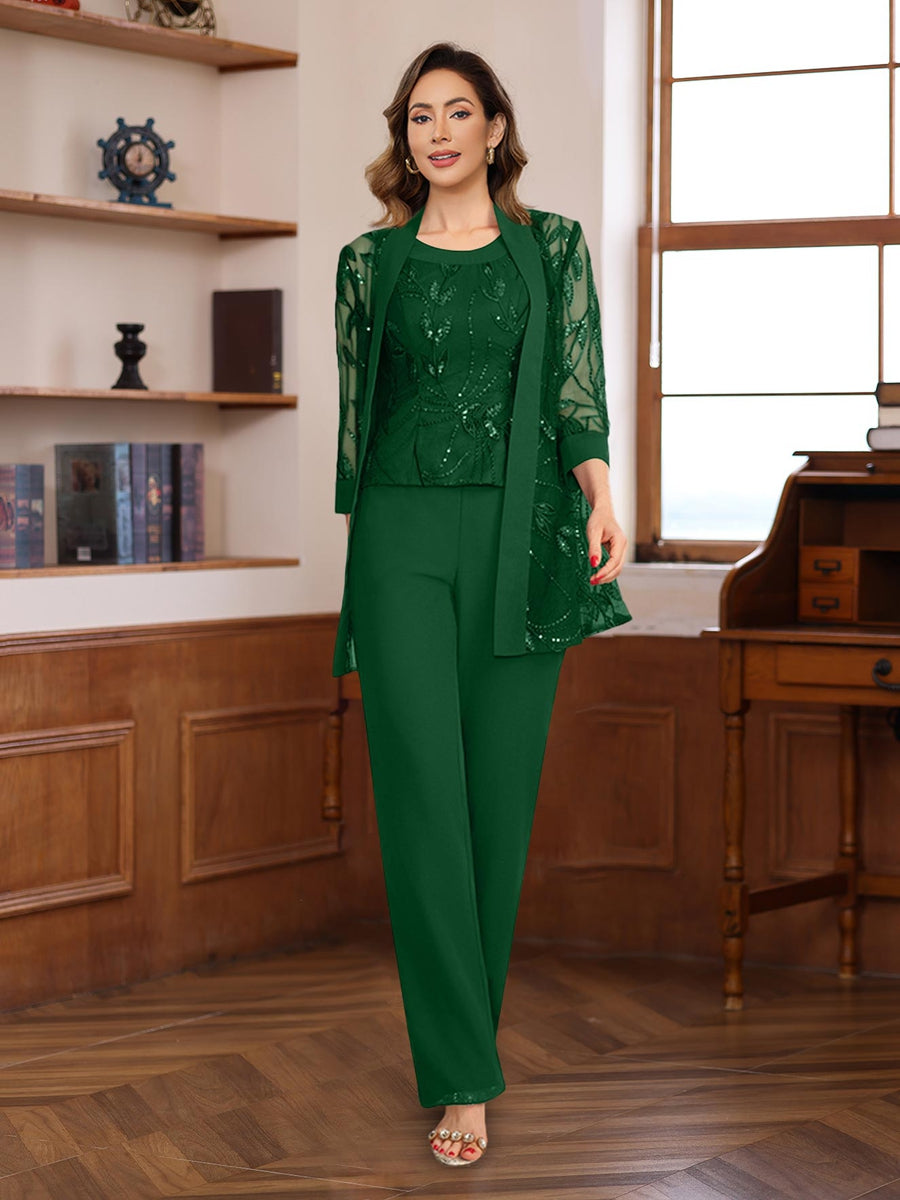 3 Pieces Chiffon Round Neck Floor Length Mother Of The Bride Pantsuits With Sequins