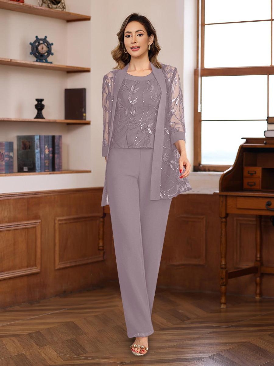 3 Pieces Chiffon Round Neck Floor Length Mother Of The Bride Pantsuits With Sequins