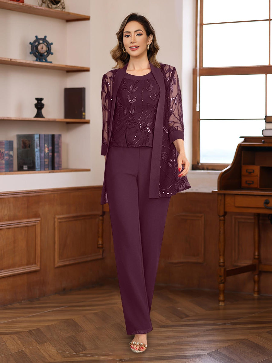 3 Pieces Chiffon Round Neck Floor Length Mother Of The Bride Pantsuits With Sequins