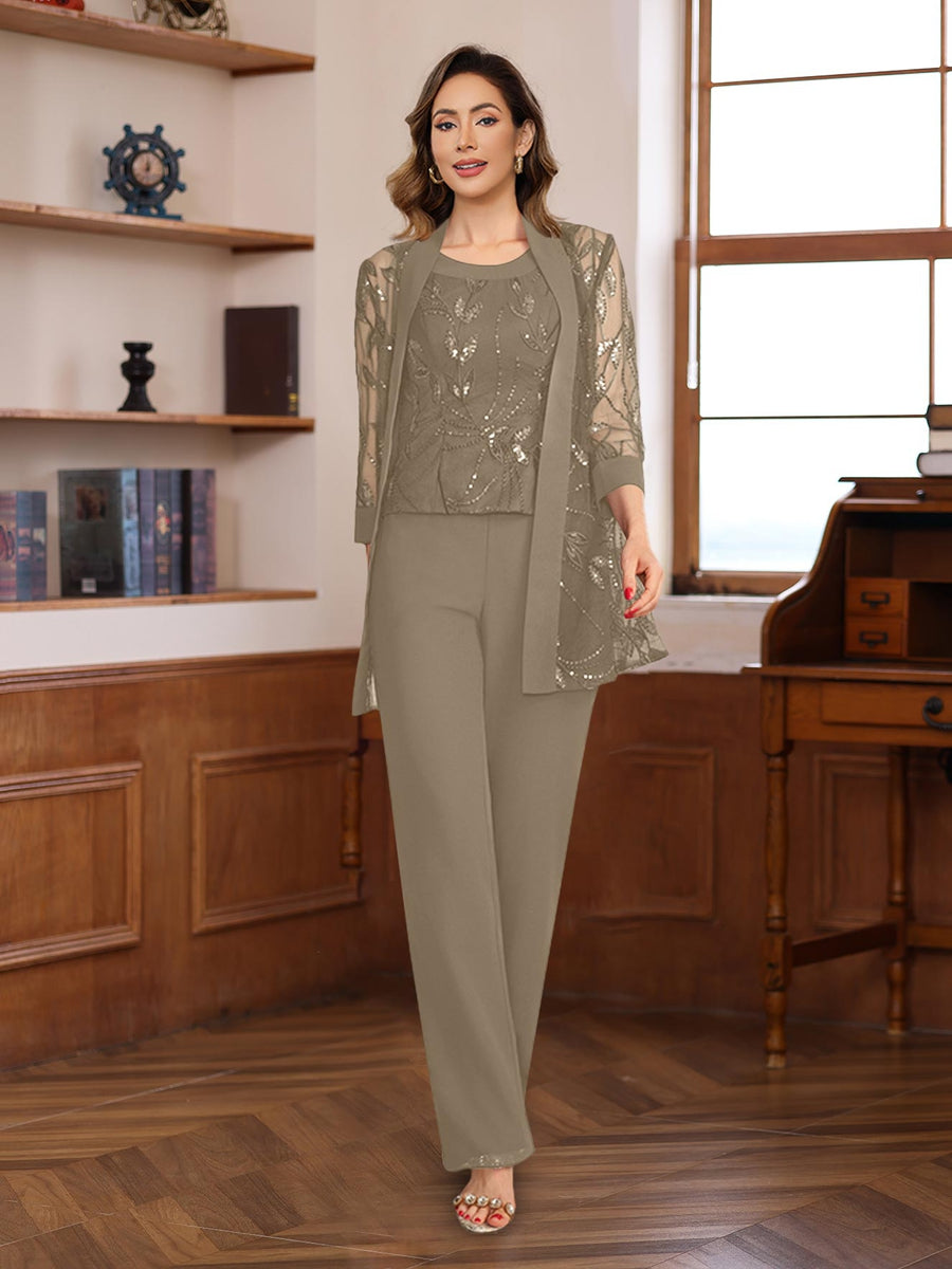 3 Pieces Chiffon Round Neck Floor Length Mother Of The Bride Pantsuits With Sequins