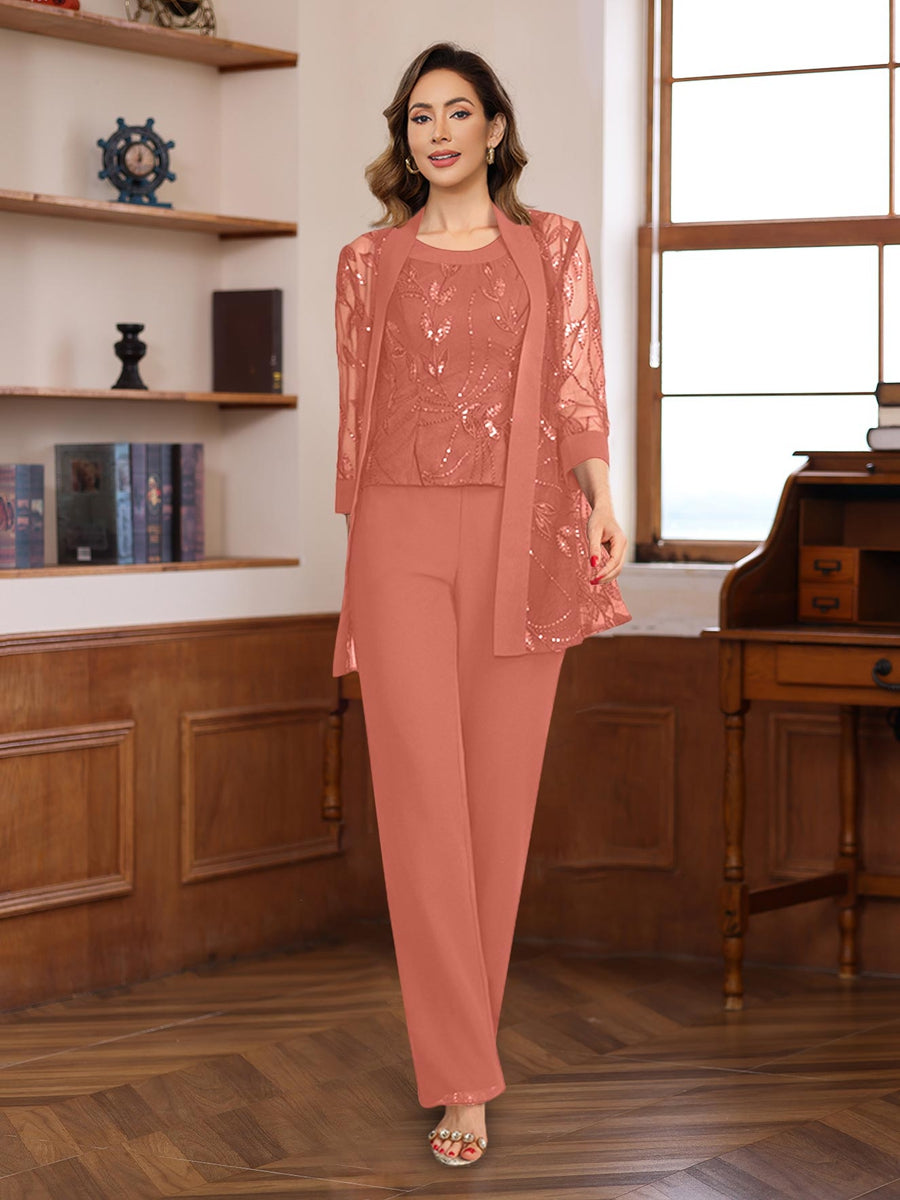 3 Pieces Chiffon Round Neck Floor Length Mother Of The Bride Pantsuits With Sequins