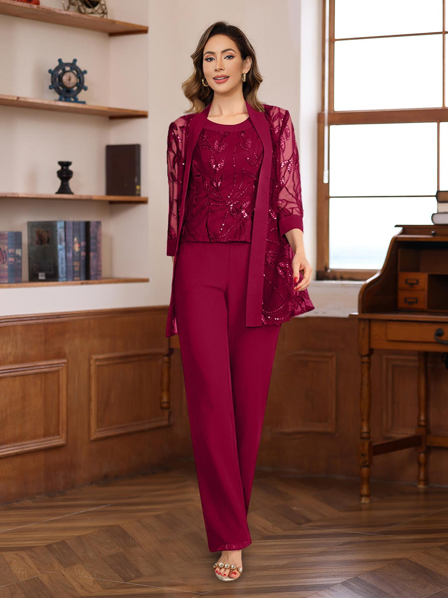3 Pieces Chiffon Round Neck Floor Length Mother Of The Bride Pantsuits With Sequins