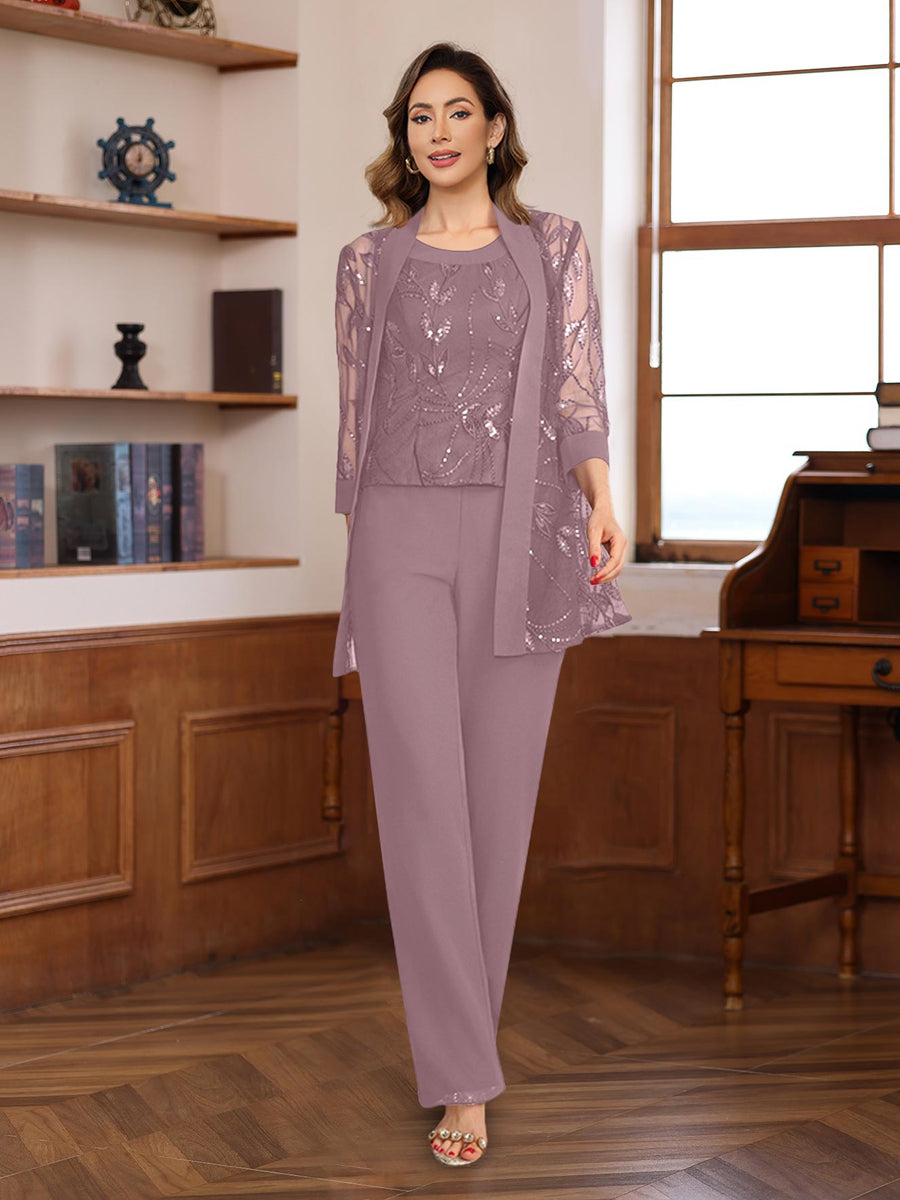 3 Pieces Chiffon Round Neck Floor Length Mother Of The Bride Pantsuits With Sequins