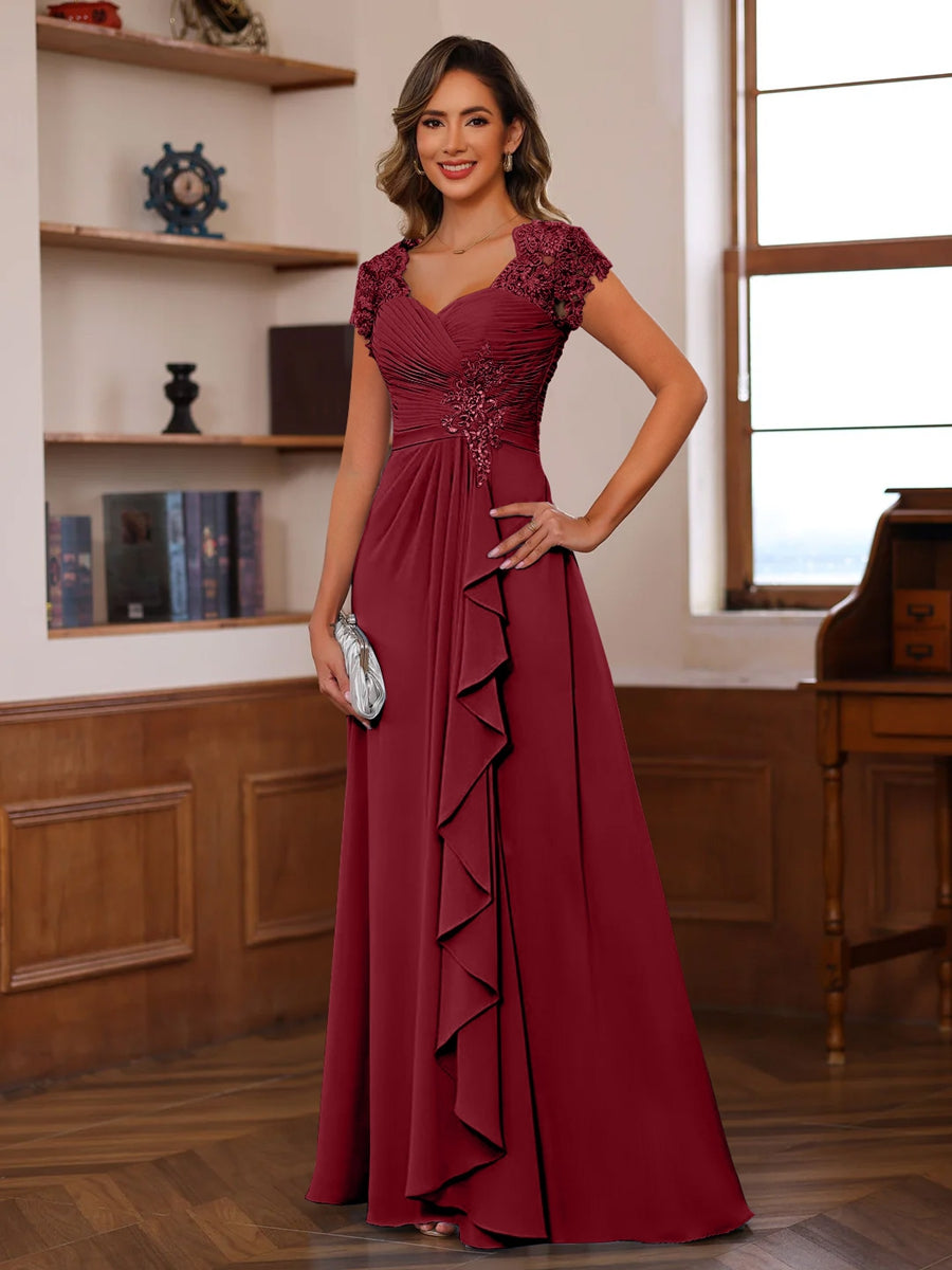 A Line Princess V Neck Short Sleeves Pleated Mother Of The Bride Groom Dresses With Ruffles Appliques