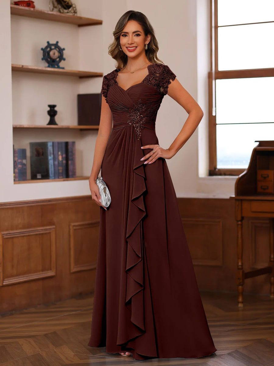 A Line Princess V Neck Short Sleeves Pleated Mother Of The Bride Groom Dresses With Ruffles Appliques