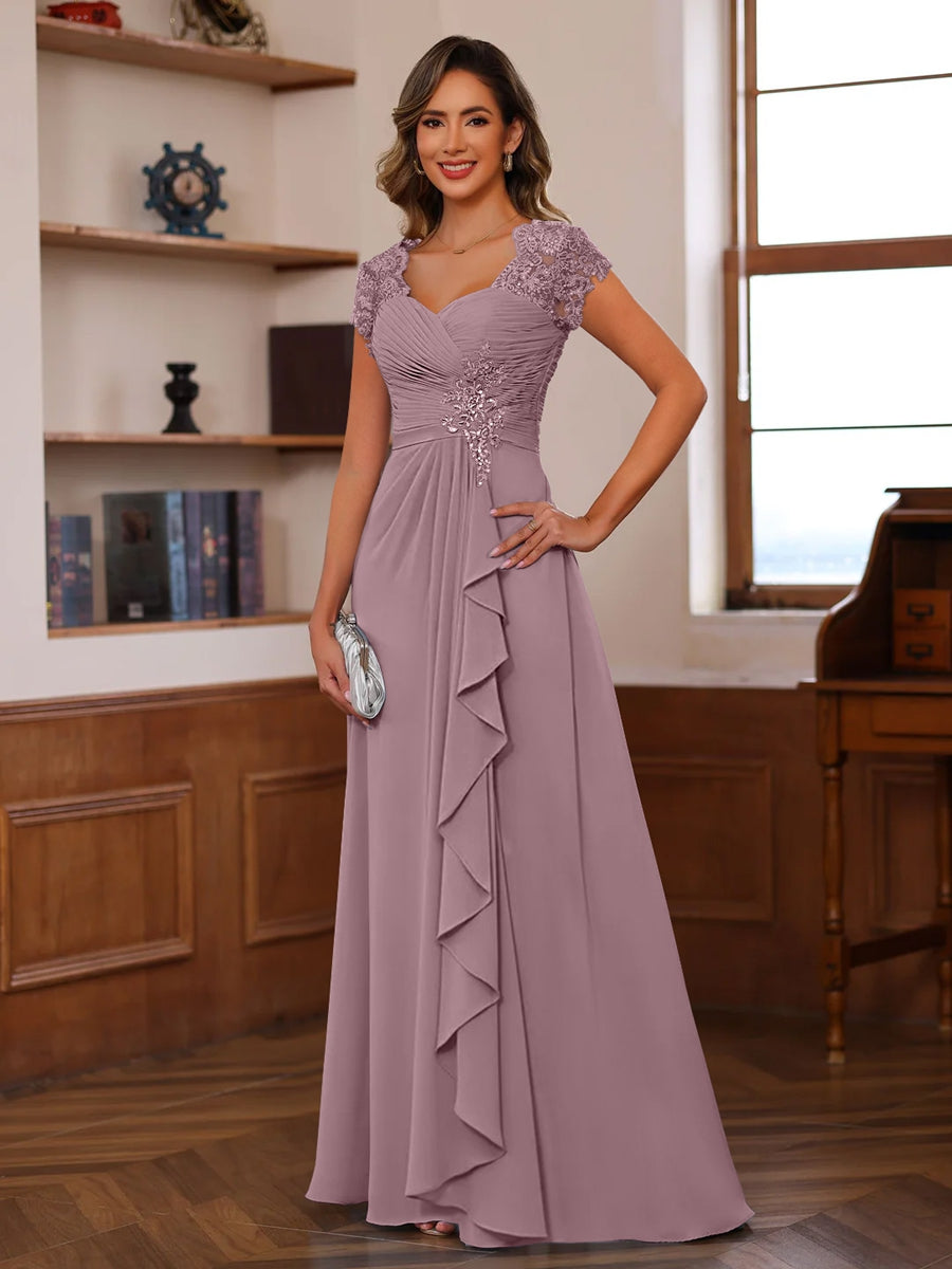 A Line Princess V Neck Short Sleeves Pleated Mother Of The Bride Groom Dresses With Ruffles Appliques
