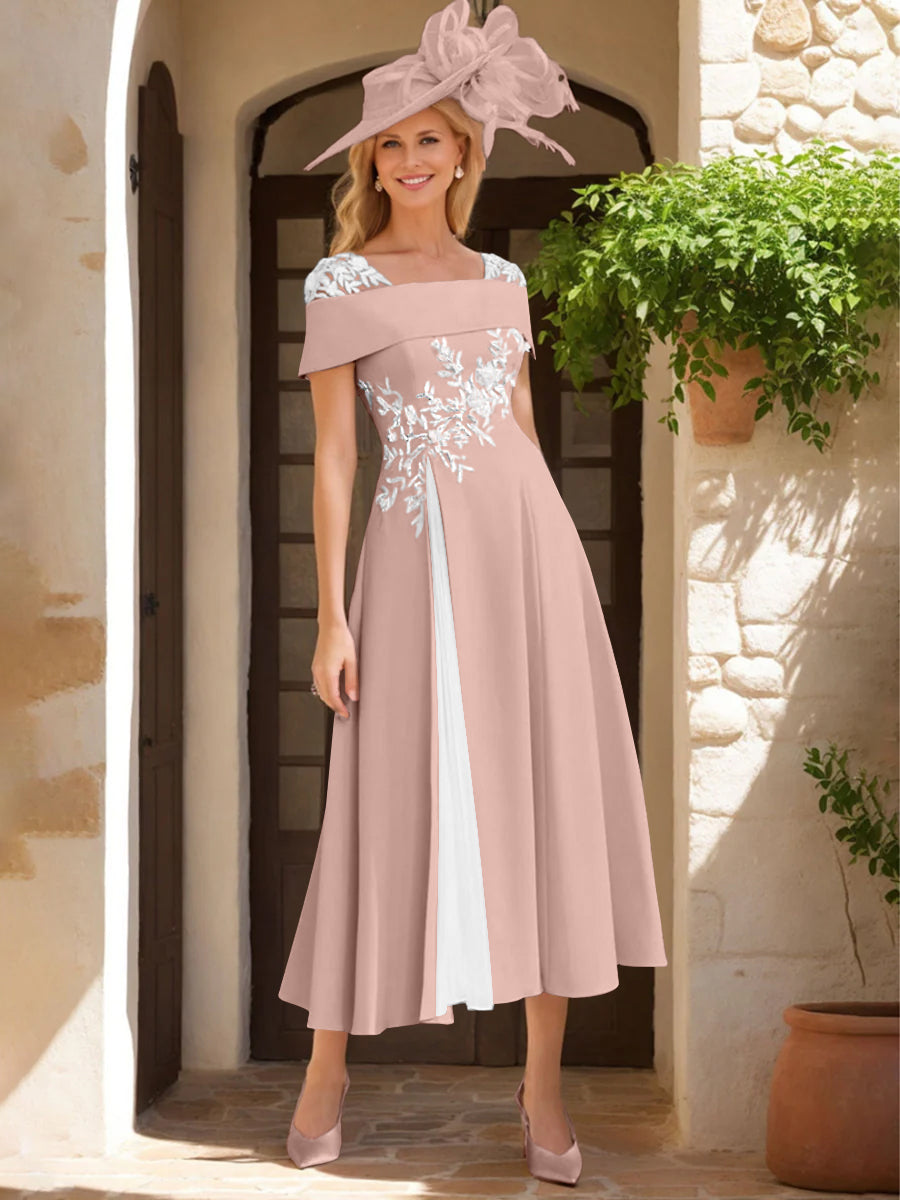 A Line Princess Square Neck Short Sleeves Mother Of The Bride Dresses With Ruffles Appliques