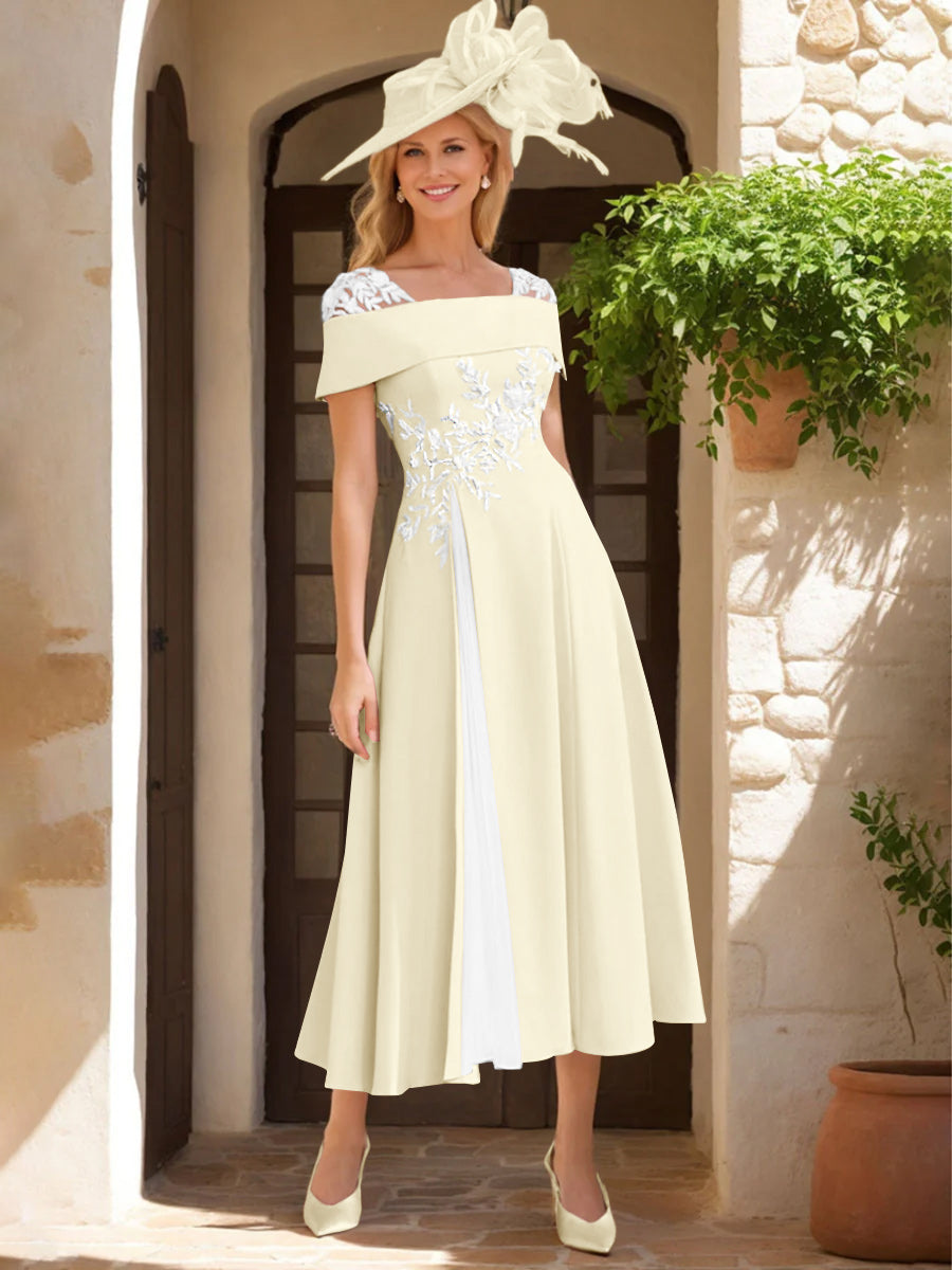 A Line Princess Square Neck Short Sleeves Mother Of The Bride Dresses With Ruffles Appliques