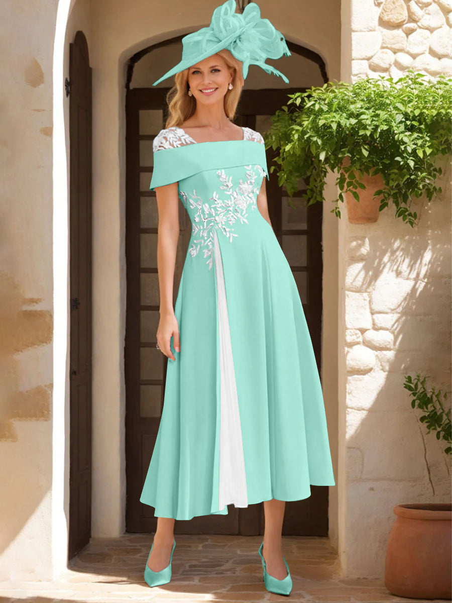 A Line Princess Square Neck Short Sleeves Mother Of The Bride Dresses With Ruffles Appliques