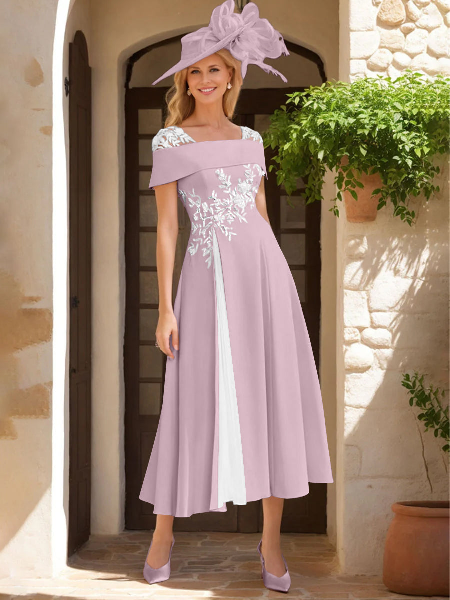 A Line Princess Square Neck Short Sleeves Mother Of The Bride Dresses With Ruffles Appliques