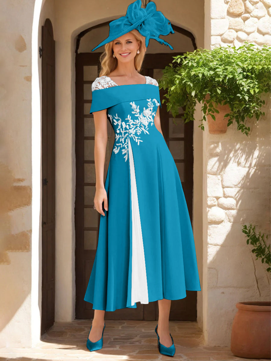 A Line Princess Square Neck Short Sleeves Mother Of The Bride Dresses With Ruffles Appliques