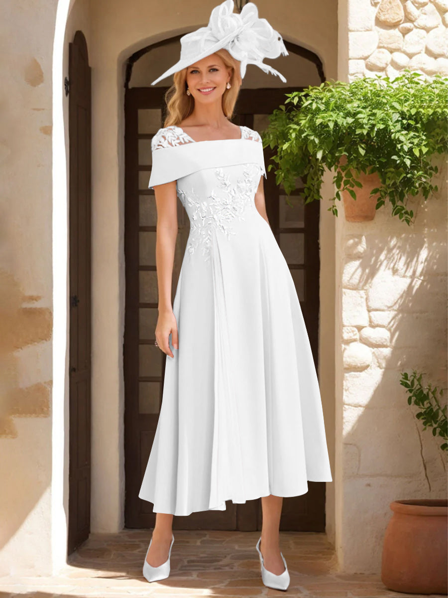 A Line Princess Square Neck Short Sleeves Mother Of The Bride Dresses With Ruffles Appliques