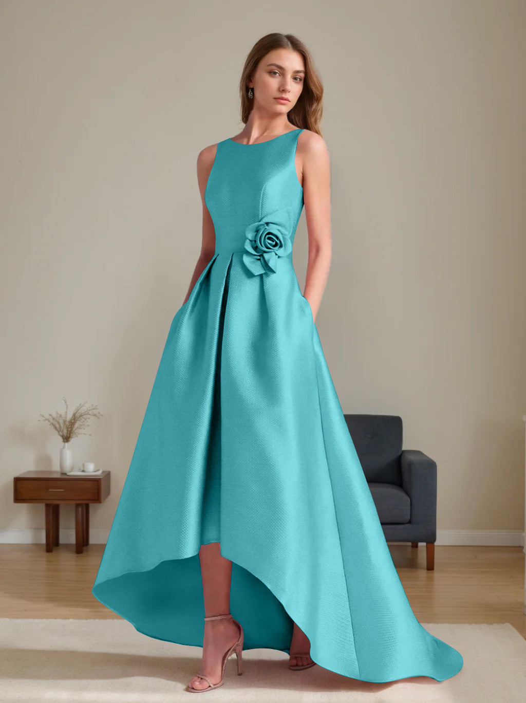 A Line Princess Scoop Sleeveless Asymmetrical Mother Of The Bride Groom Dresses With Flowers