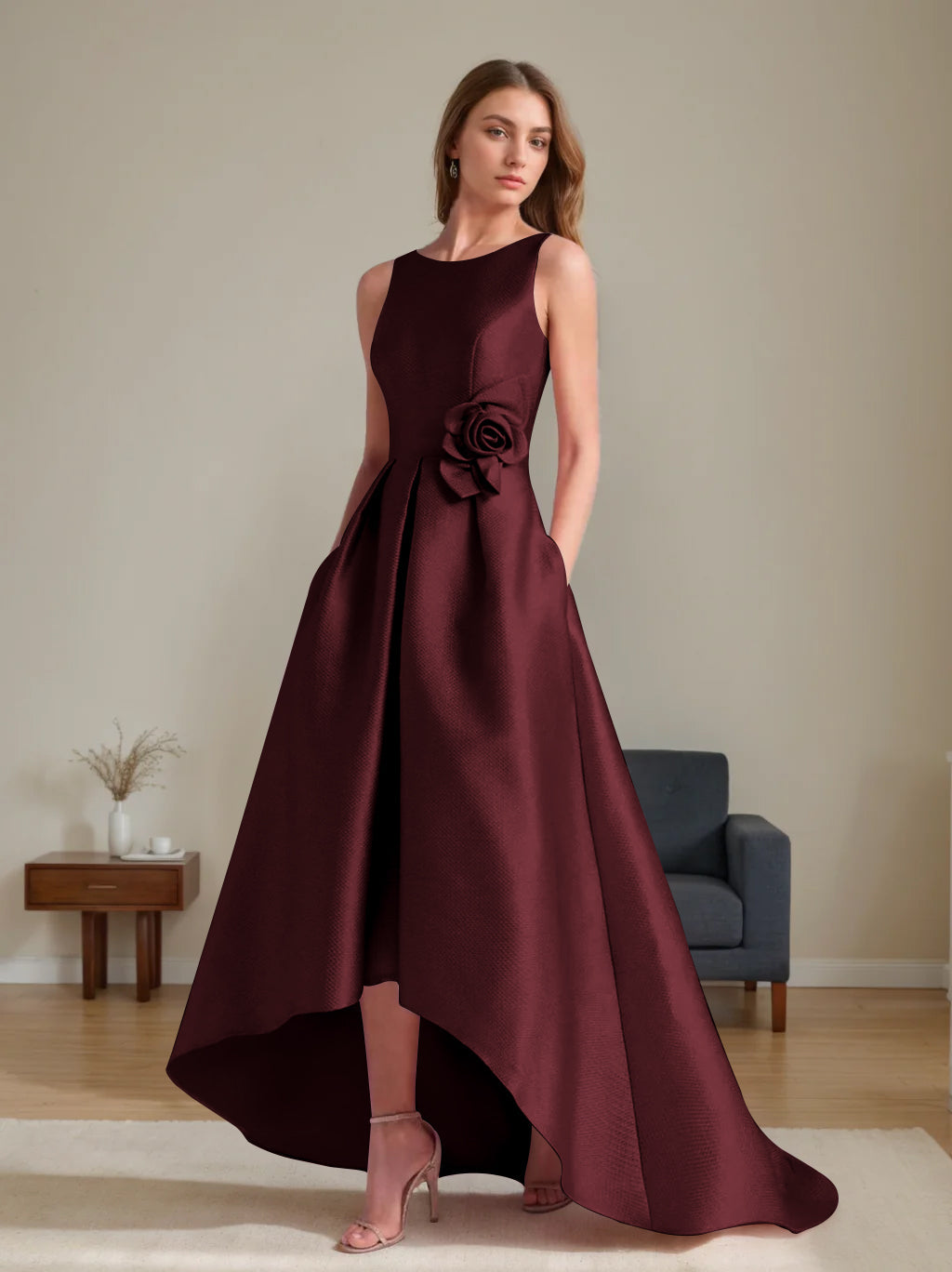 A Line Princess Scoop Sleeveless Asymmetrical Mother Of The Bride Groom Dresses With Flowers