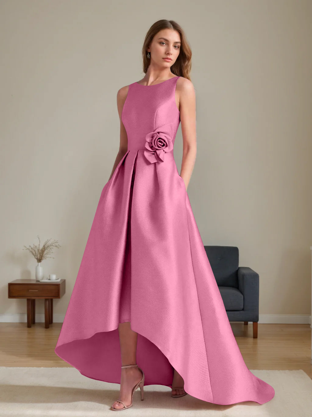 A Line Princess Scoop Sleeveless Asymmetrical Mother Of The Bride Groom Dresses With Flowers
