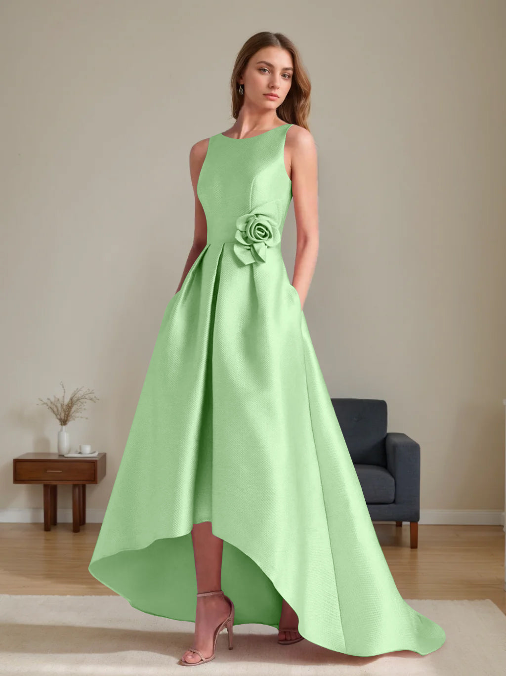 A Line Princess Scoop Sleeveless Asymmetrical Mother Of The Bride Groom Dresses With Flowers