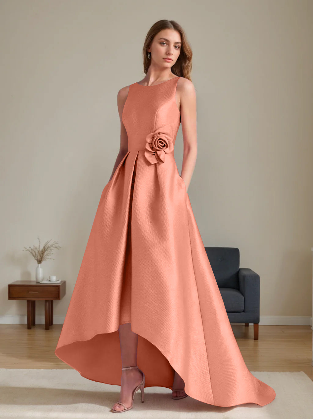 A Line Princess Scoop Sleeveless Asymmetrical Mother Of The Bride Groom Dresses With Flowers