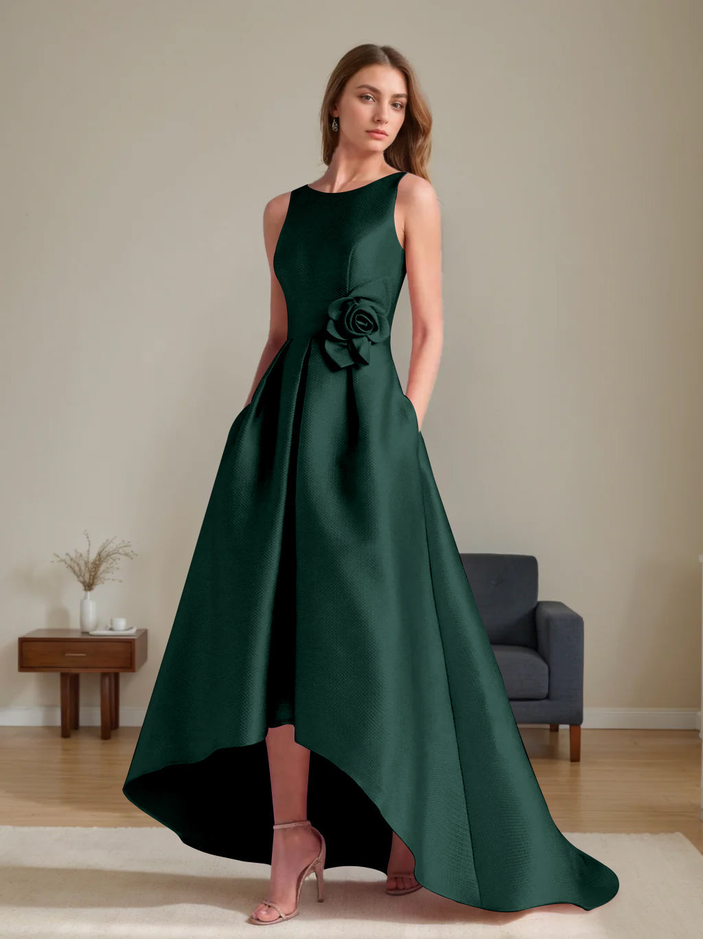 A Line Princess Scoop Sleeveless Asymmetrical Mother Of The Bride Groom Dresses With Flowers