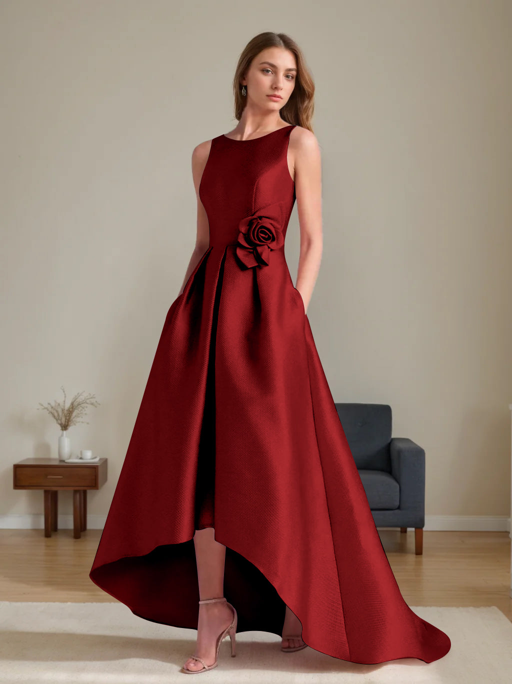 A Line Princess Scoop Sleeveless Asymmetrical Mother Of The Bride Groom Dresses With Flowers